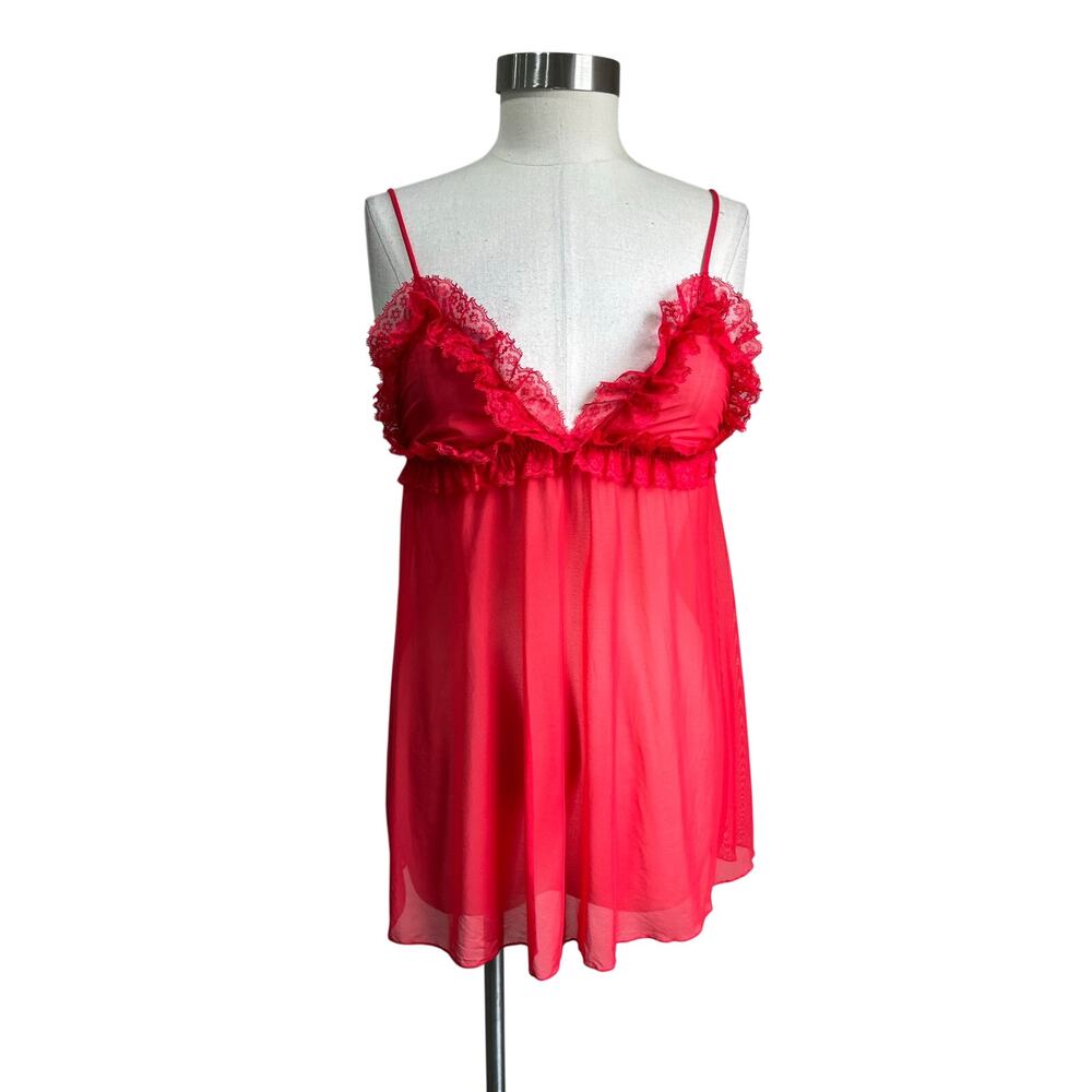 Victoria's Secret Y2K Sheer Red Lace Slip Babydoll Nightgown Lingerie Dress M